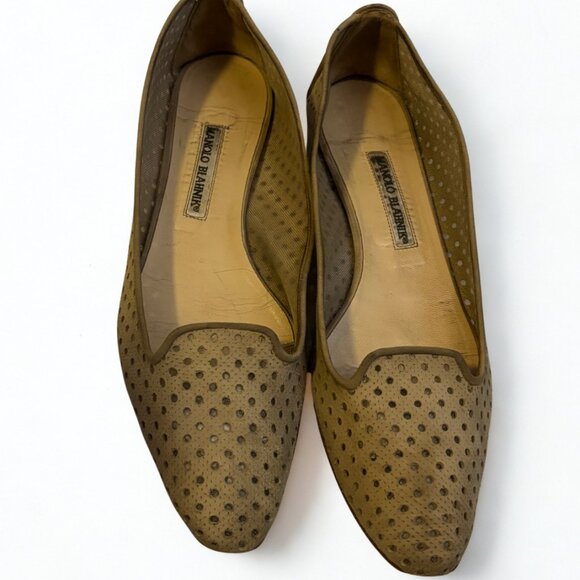 Manolo Blahnik Brown Polka Dot Mesh Leather Flats Size 7 - Picture 6 of 7